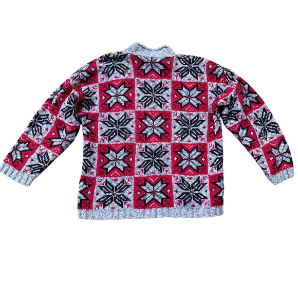 Vtg Nordic Sweater Snowflake Check Plaid Gray Red Black Cotton Winter Size L - Picture 6 of 7